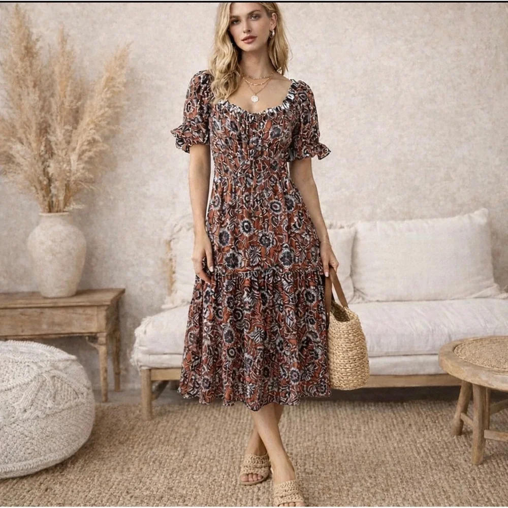 Cleobella Catalina Rust Floral Midi Dress Short Puff Sleeve Medium Boho Western - Picture 1 of 8